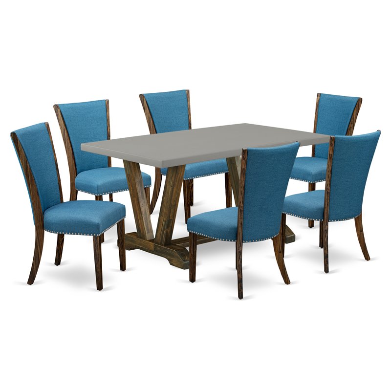 East West Furniture V-Style 7-piece Wood Dining Set in Brown/Blue/Cement