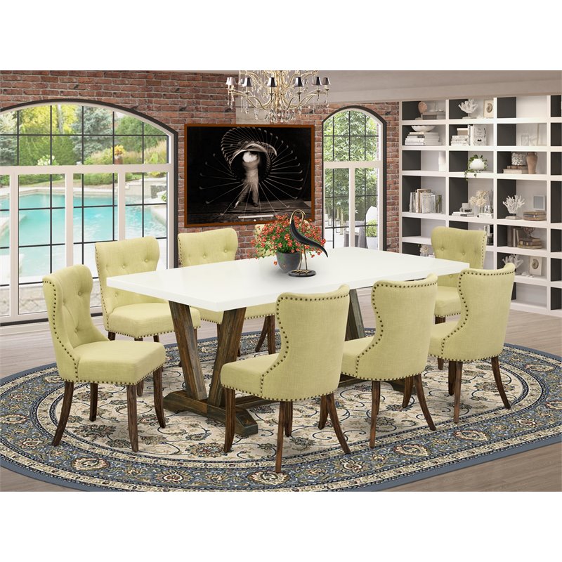 East West Furniture V-Style 9Pcs Wood Dining Set in Jacobean Brown/Limelight