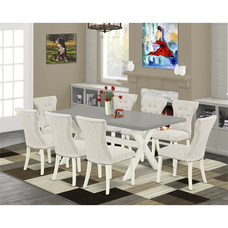 East West Furniture X-Style 9-piece Wood Dining Table Set in Linen White/Doeskin