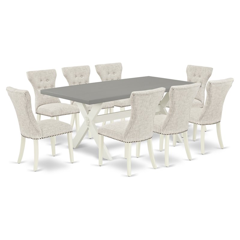 East West Furniture X-Style 9-piece Wood Dining Table Set in Linen White/Doeskin
