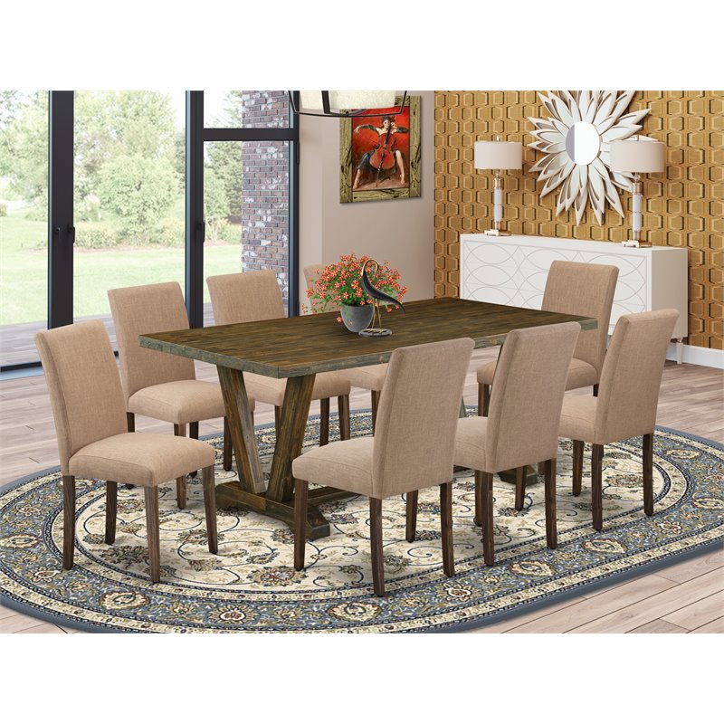 East West Furniture V-Style 9-piece Wood Dining Set in Brown