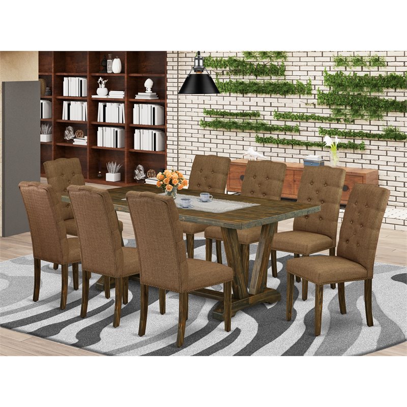 East West Furniture V-Style 9-piece Wood Dining Set in Brown Smoke