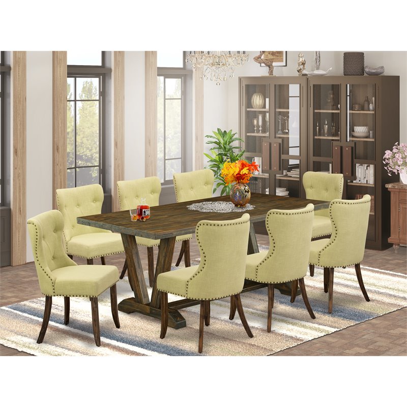 East West Furniture V-Style 9PC Wood Dining Set in Distressed Jacobean/Limelight