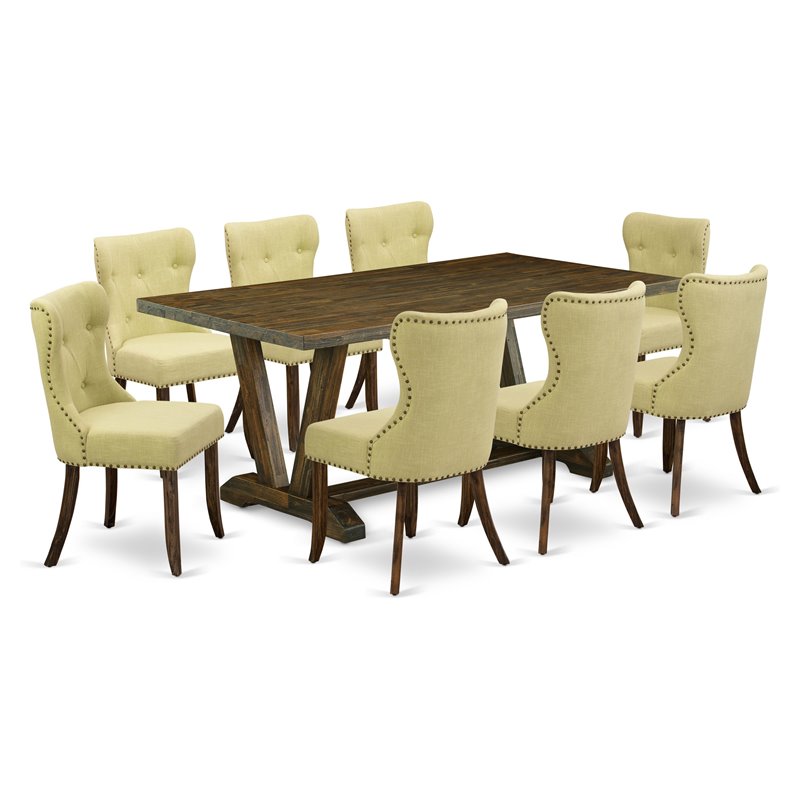 East West Furniture V-Style 9PC Wood Dining Set in Distressed Jacobean/Limelight