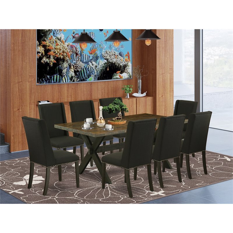 East West Furniture X-Style 9-piece Wood Dining Table and Chairs in Black