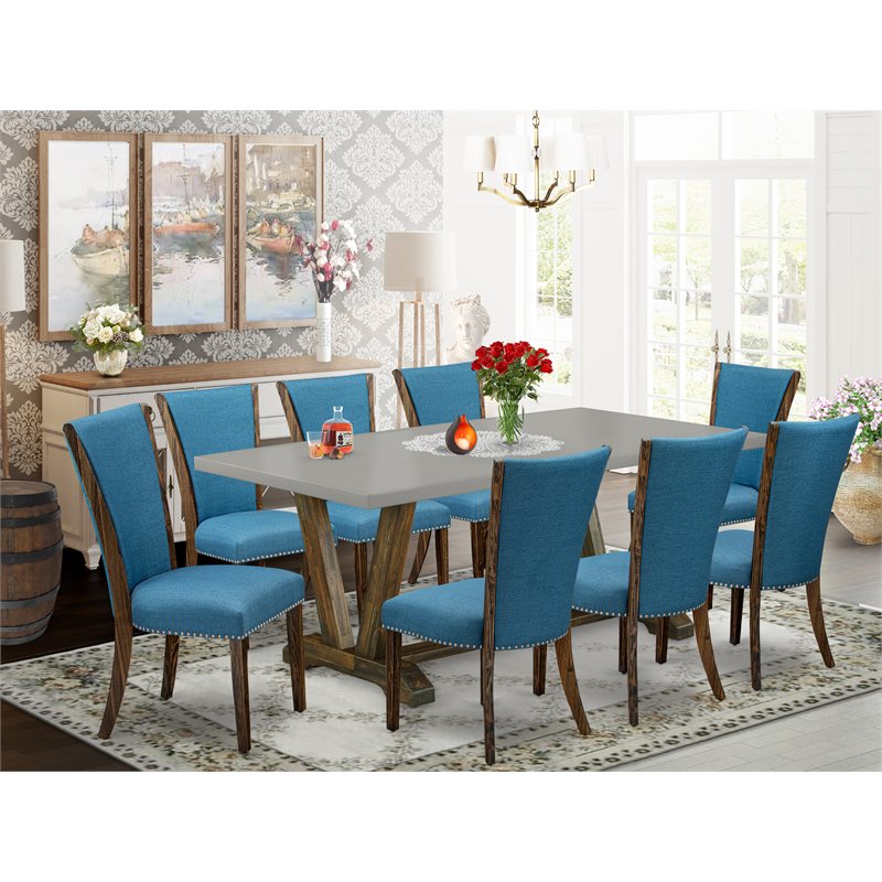East West Furniture V-Style 9-piece Wood Dining Table Set in Brown and Cement