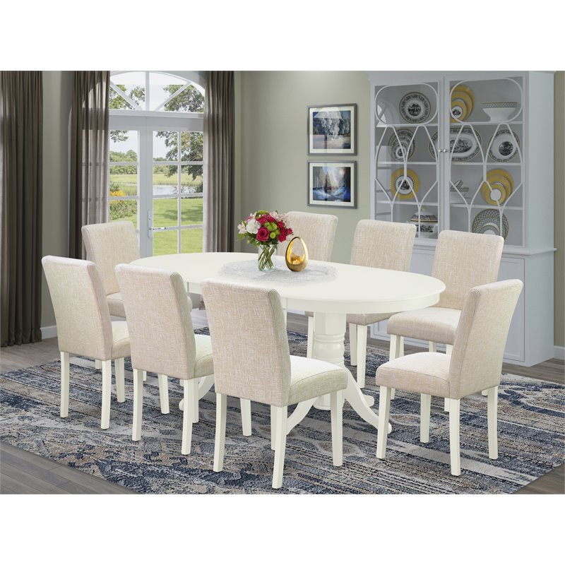 East West Furniture Vancouver 9-piece Wood Dining Set in Linen White/Light Beige