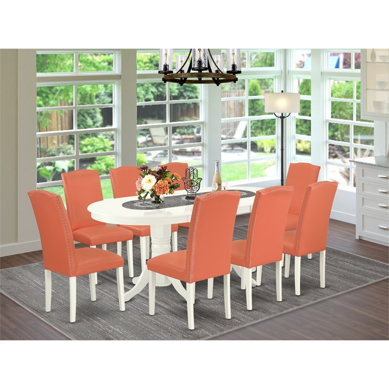 East West Furniture Vancouver 9-piece Wood Dining Set in White/Pink Flamingo