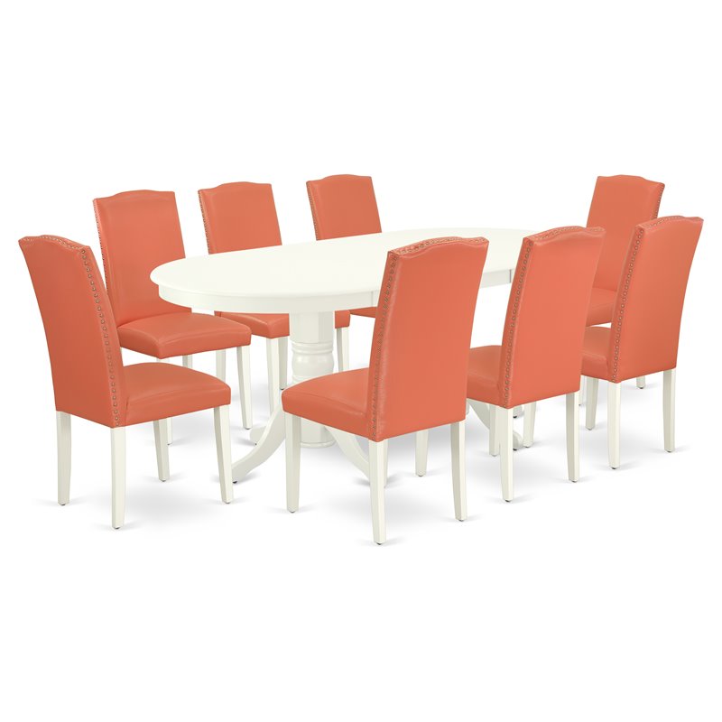 East West Furniture Vancouver 9-piece Wood Dining Set in White/Pink Flamingo