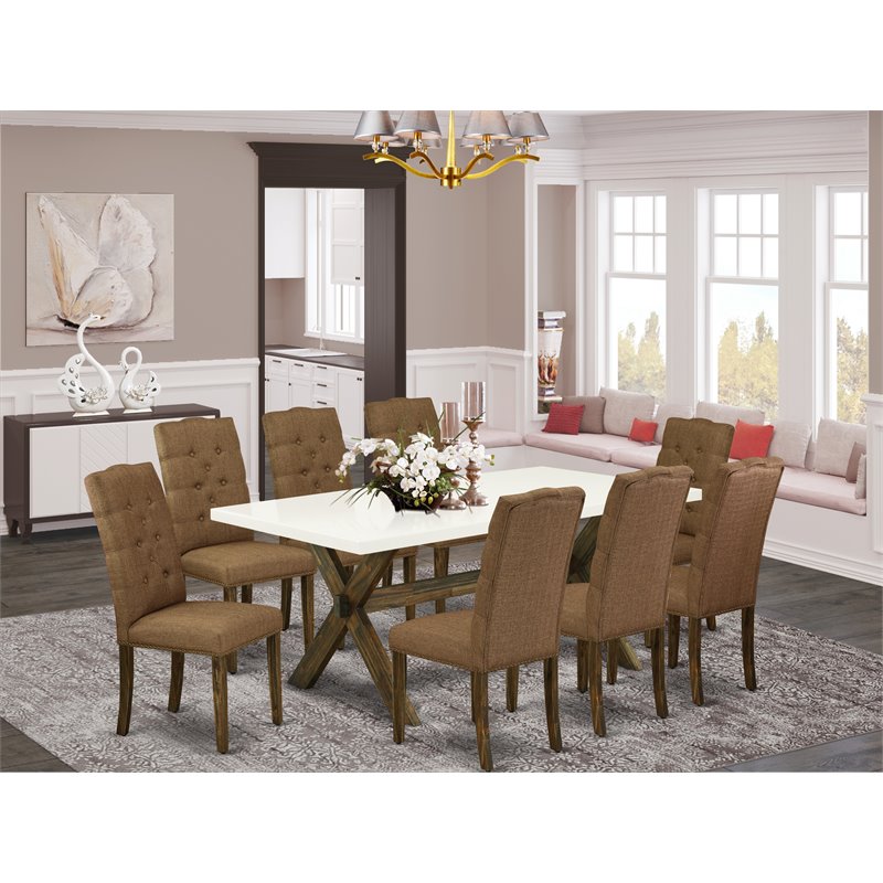 East West Furniture X-Style 9-piece Wood Dining Set in Brown Smoke