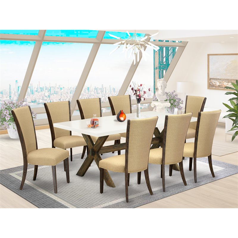 East West Furniture X-Style 9-piece Wood Dining Set in Linen White/Brown