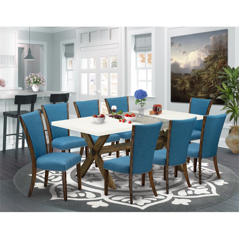 East West Furniture X-Style 9-piece Wood Dining Set in Linen White/Blue