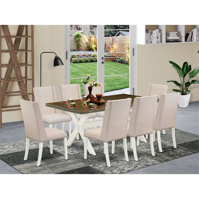 East West Furniture X-Style 9-piece Wood Kitchen Table Set in White/Brown
