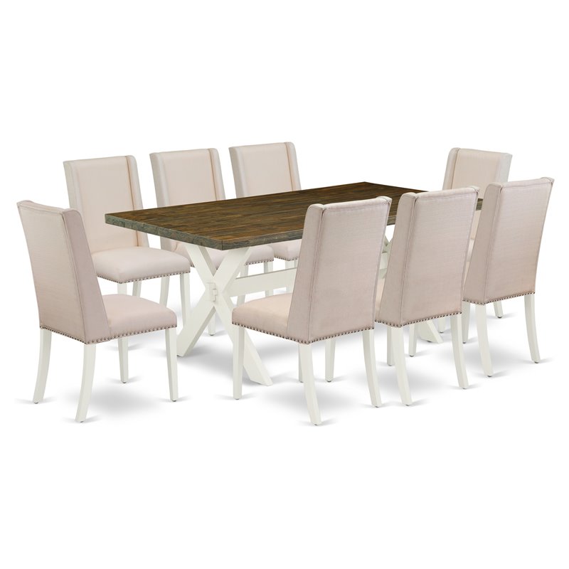 East West Furniture X-Style 9-piece Wood Kitchen Table Set in White/Brown