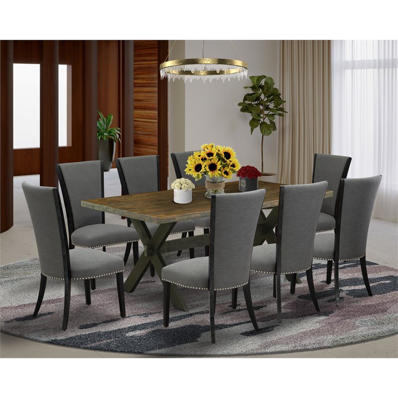 East West Furniture X-Style 9-piece Wood Kitchen Table Set in Jacobean Brown