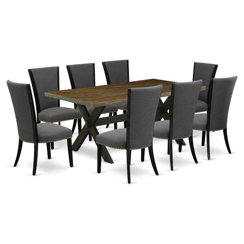 East West Furniture X-Style 9-piece Wood Kitchen Table Set in Jacobean Brown
