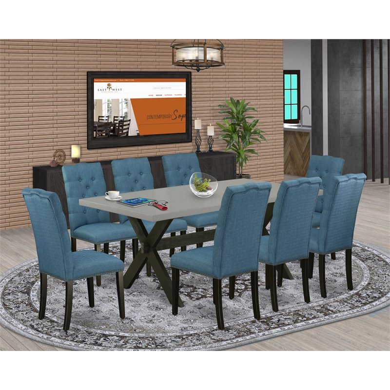 East West Furniture X-Style 9-piece Wood Dining Set in Black and Mineral Blue