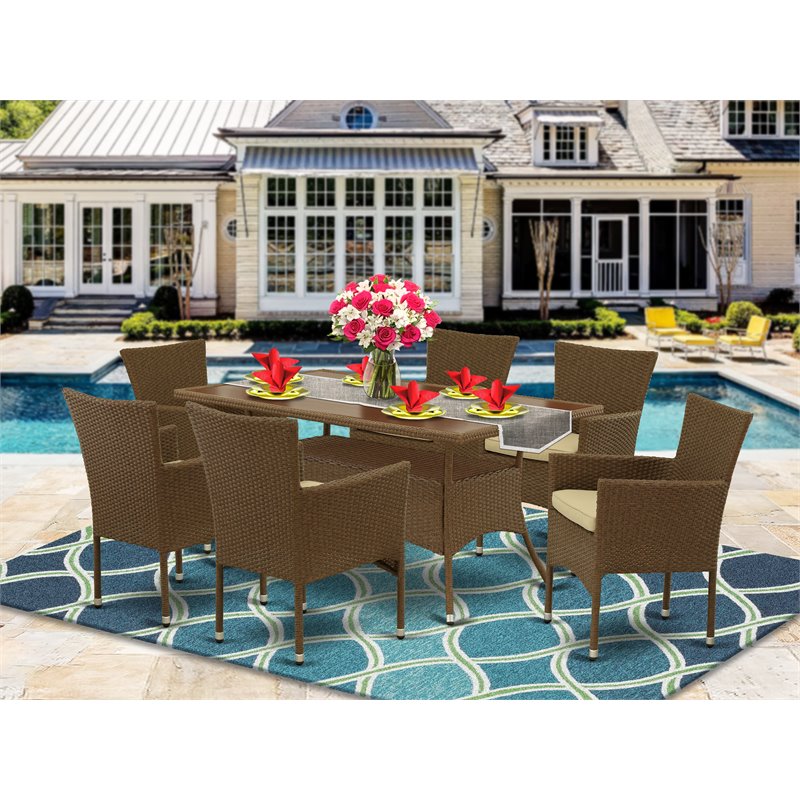East West Furniture Oslo 7-piece Modern Metal Patio Set in Brown