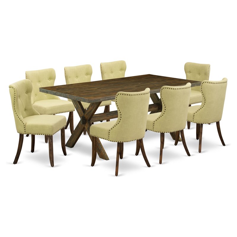 East West Furniture X-Style 9PC Wood Dining Set in Distressed Jacobean/Limelight