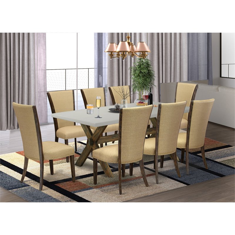 East West Furniture X-Style 9-piece Wood Dining Set in Jacobean/Cement/Brown