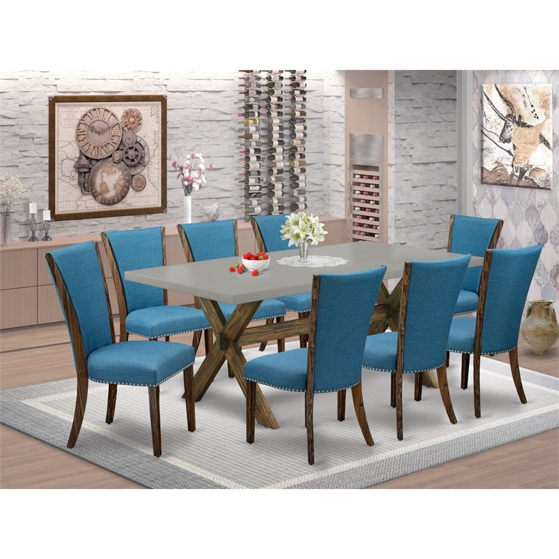 East West Furniture X-Style 9-piece Wood Dining Set in Brown/Cement/Blue