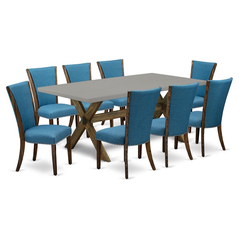East West Furniture X-Style 9-piece Wood Dining Set in Brown/Cement/Blue