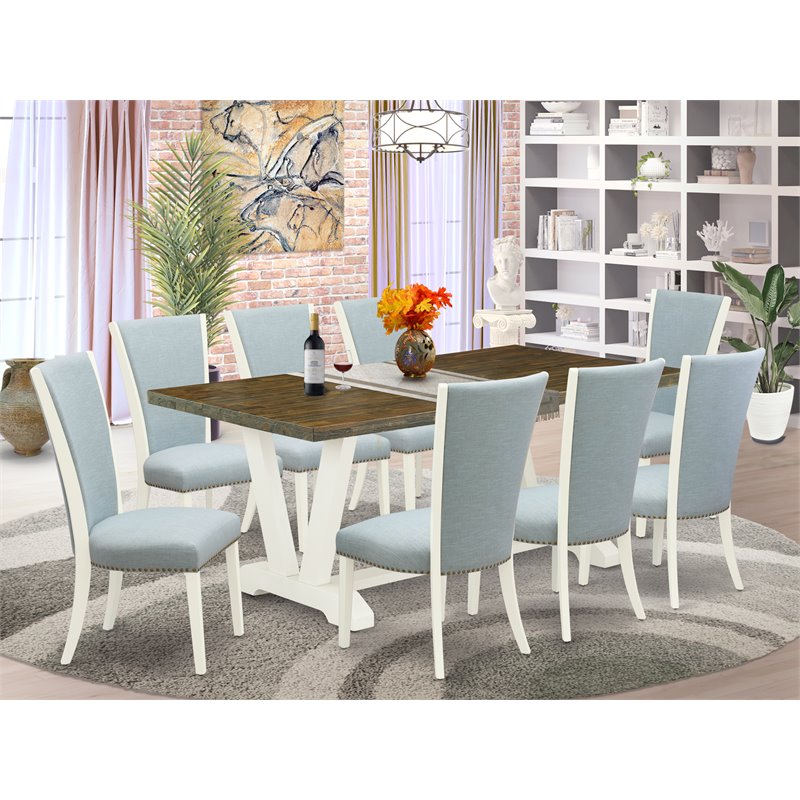 East West Furniture V-Style 9-piece Wood Dining Set with Linen Seat in White
