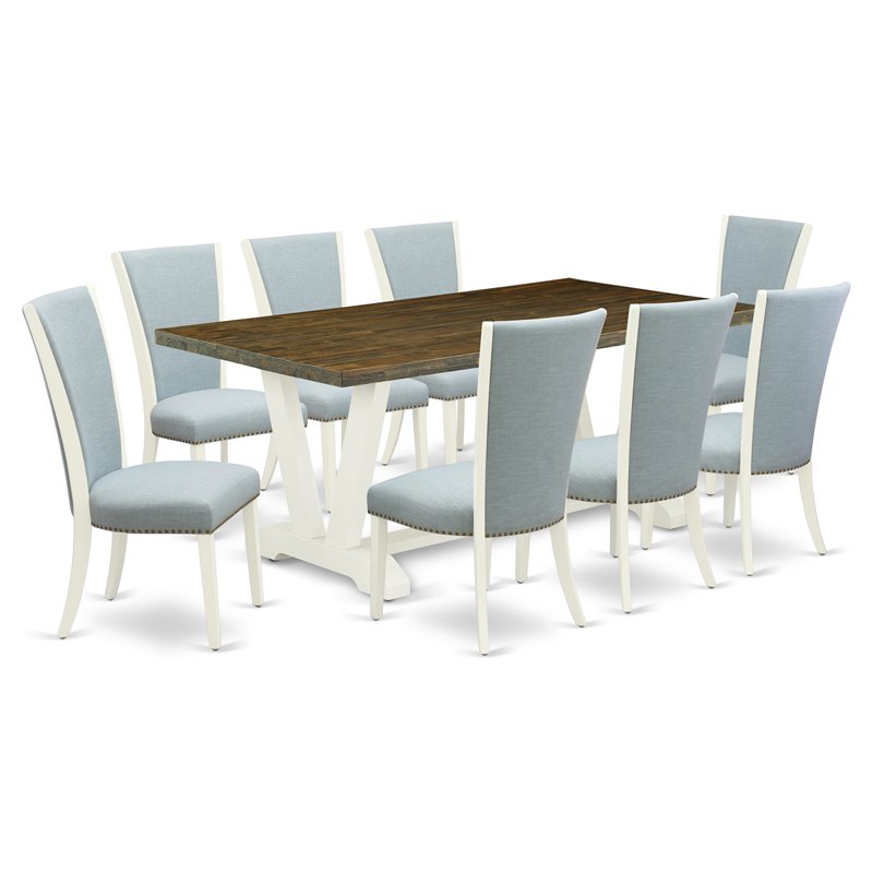 East West Furniture V-Style 9-piece Wood Dining Set with Linen Seat in White