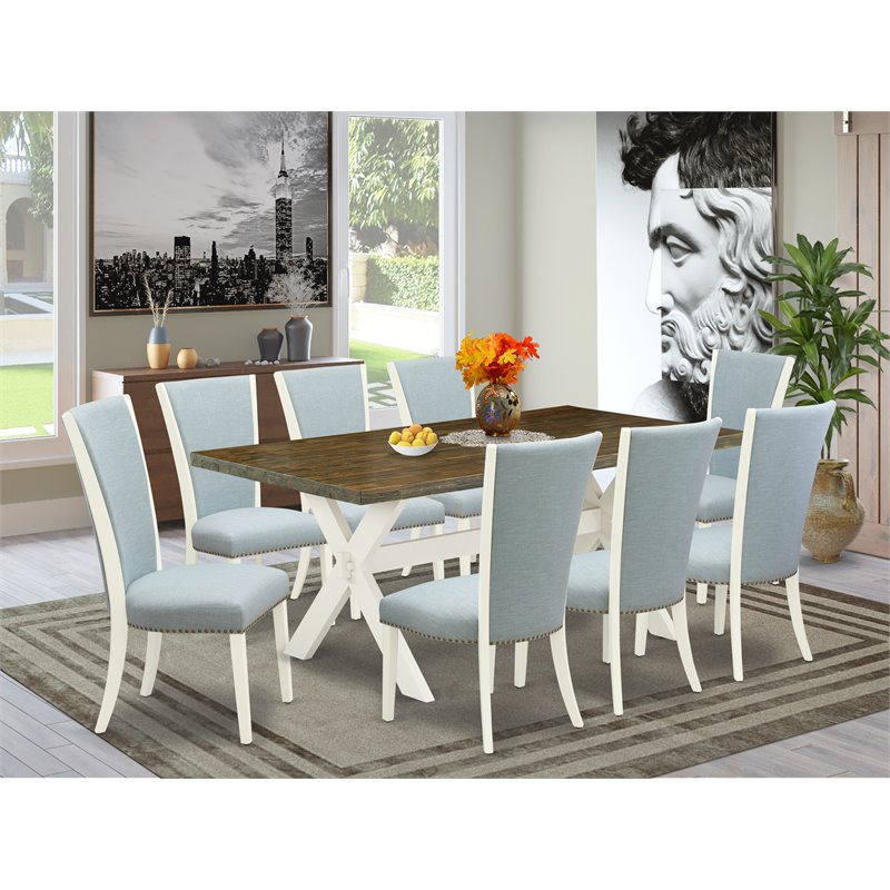East West Furniture X-Style 9-piece Wood Dining Set with Linen Seat in White