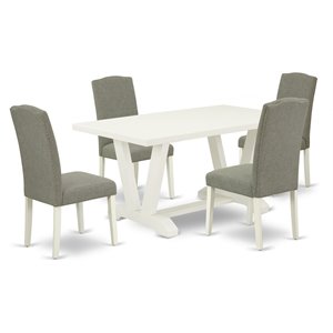 East West Furniture V-Style 5-piece Wood Dining Set in Linen White/Dark Shitake