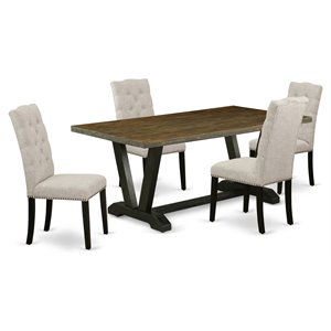 East West Furniture V-Style 5-piece Wood Dining Set in Black/Doeskin