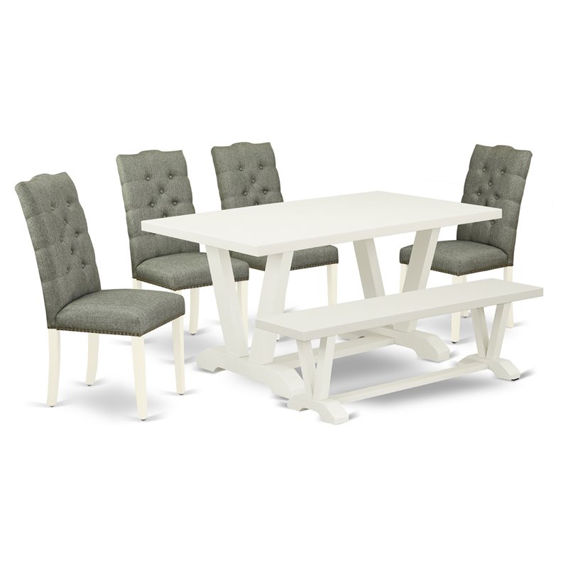 East West Furniture V-Style 6-piece Wood Dining Set in Linen White/Smoke