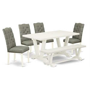 East West Furniture V-Style 6-piece Wood Dining Set in Linen White/Smoke