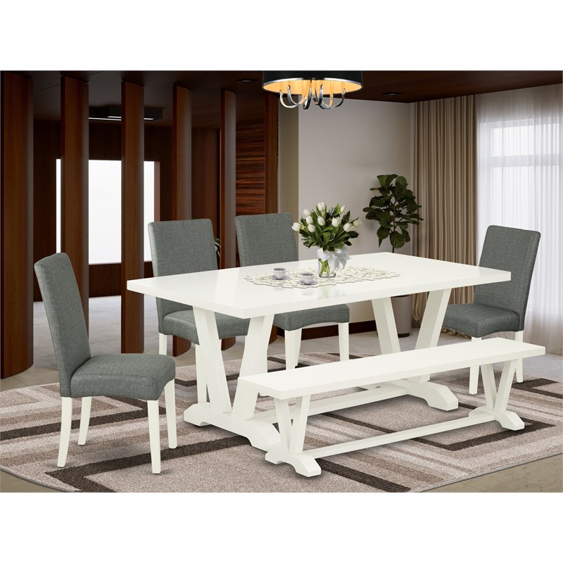 East West Furniture V-Style 6-piece Wood Dining Set in Linen White/Gray Smoke