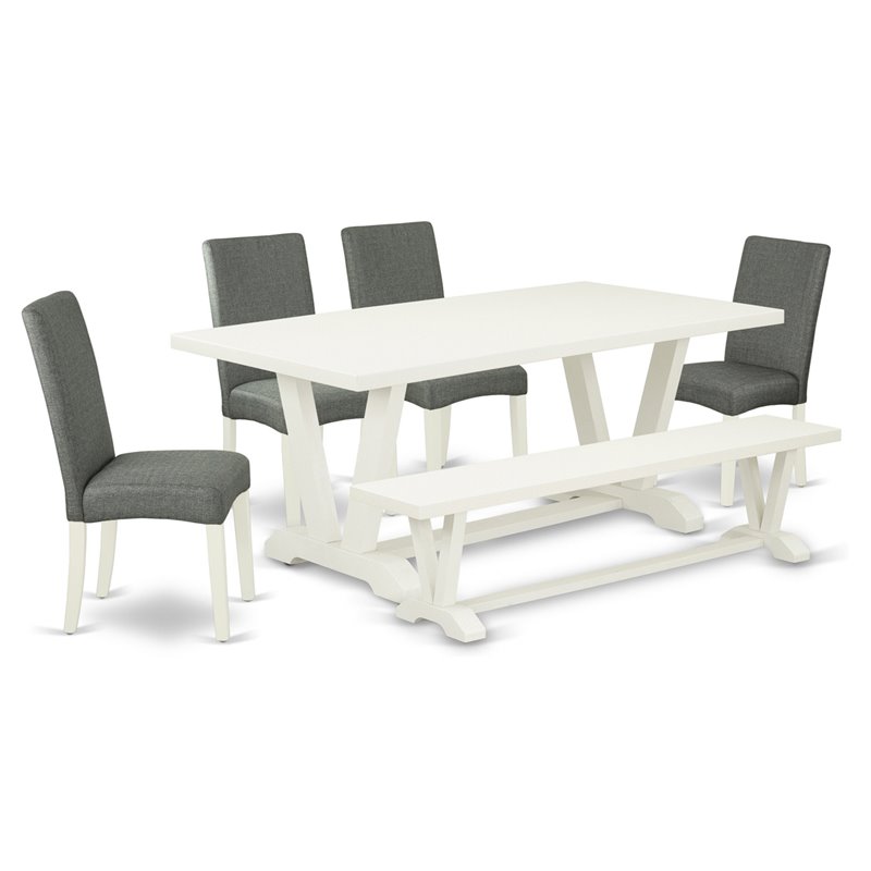 East West Furniture V-Style 6-piece Wood Dining Set in Linen White/Gray Smoke