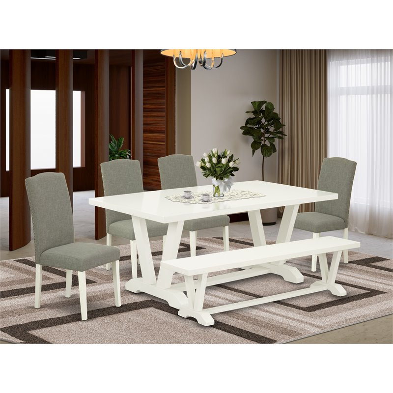 East West Furniture V-Style 6-piece Wood Dining Set in Linen White