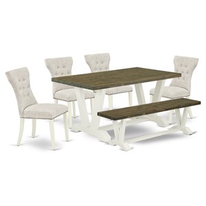 East West Furniture V-Style 6-piece Wood Dining Set in Linen White/Doeskin