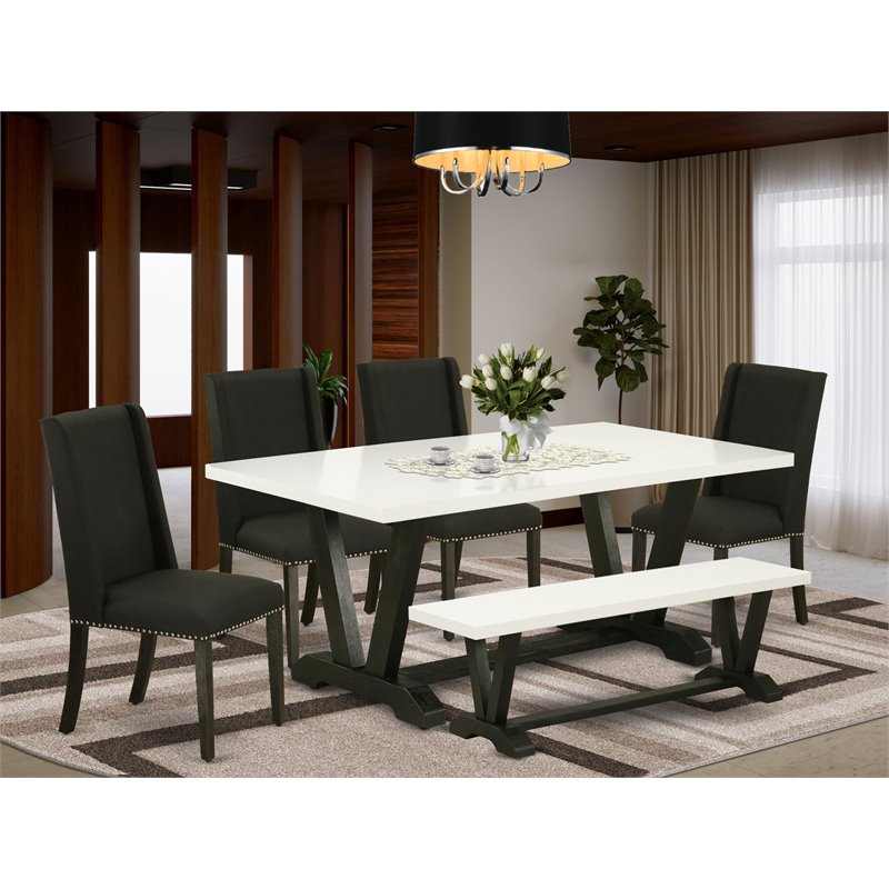 East West Furniture V-Style 6-piece Wood Dining Table Set in White and Black