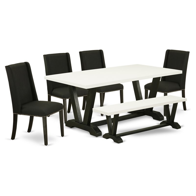 East West Furniture V-Style 6-piece Wood Dining Table Set in White and Black