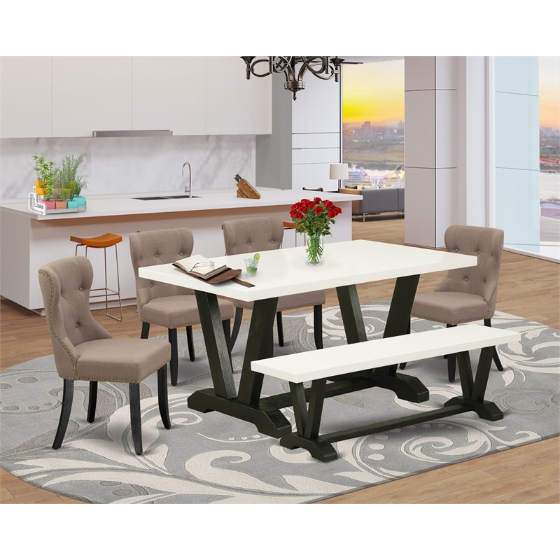 East West Furniture V-Style 6-piece Wood Dining Set in Linen White/Black