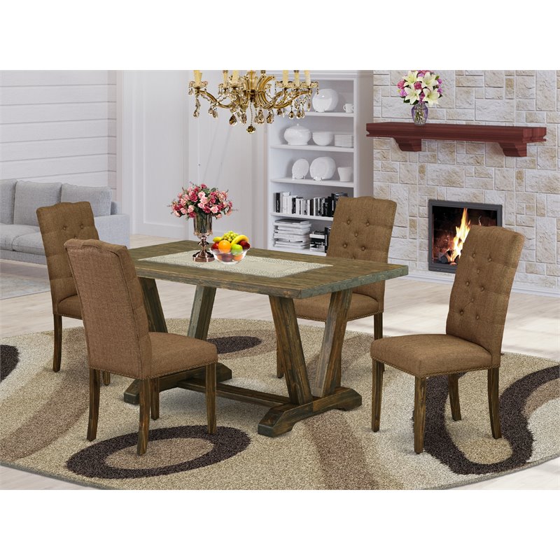 East West Furniture V-Style 5-piece Wood Dining Set in Jacobean/Brown Beige