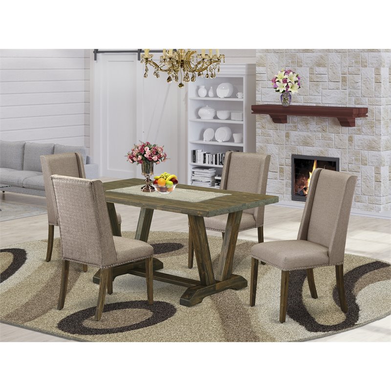 East West Furniture V-Style 5-piece Wood Dining Set in Jacobean Brown/Dark Khaki