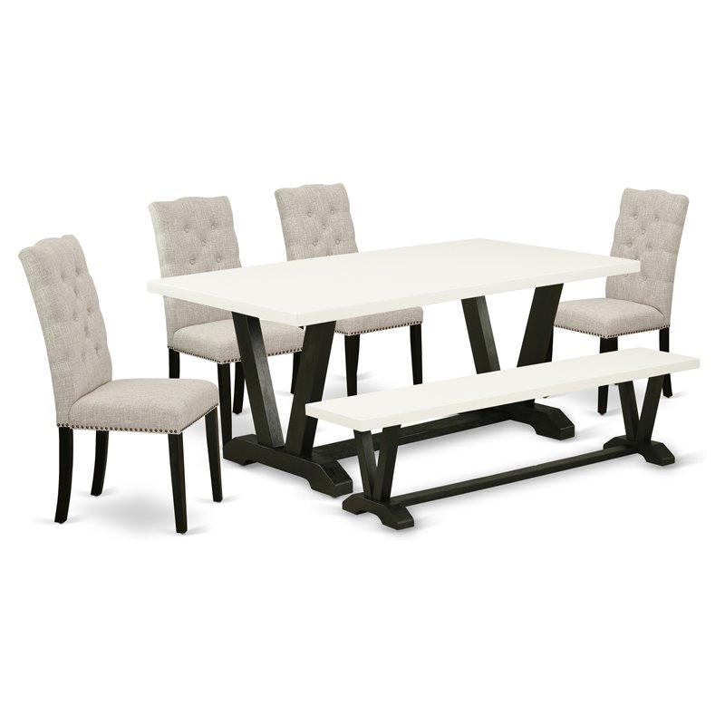 East West Furniture V-Style 6-piece Wood Dining Set in White/Doeskin/Black