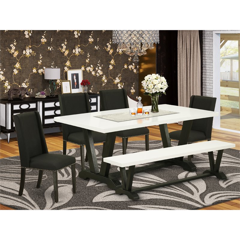 East West Furniture V-Style 6-piece Wood Kitchen Table Set in White and Black