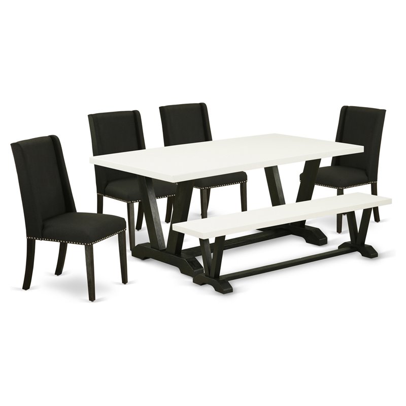East West Furniture V-Style 6-piece Wood Kitchen Table Set in White and Black