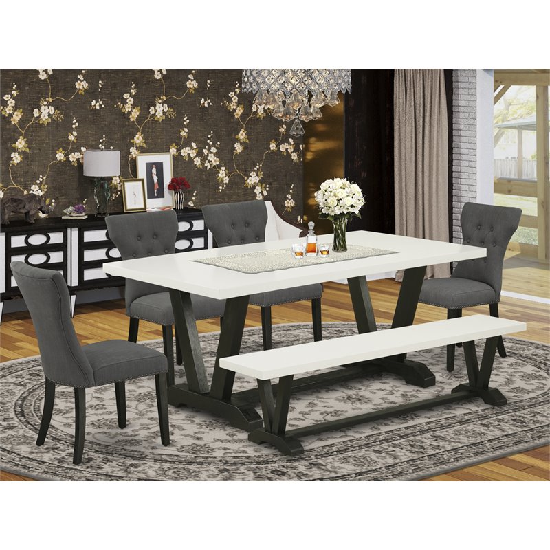 East West Furniture V-Style 6-piece Wood Dining Set in White and Black