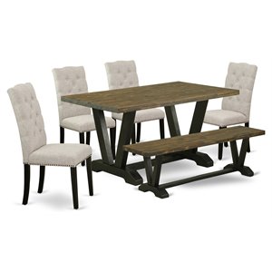 East West Furniture V-Style 6-piece Wood Dining Set in Jacobean/Black/Doeskin
