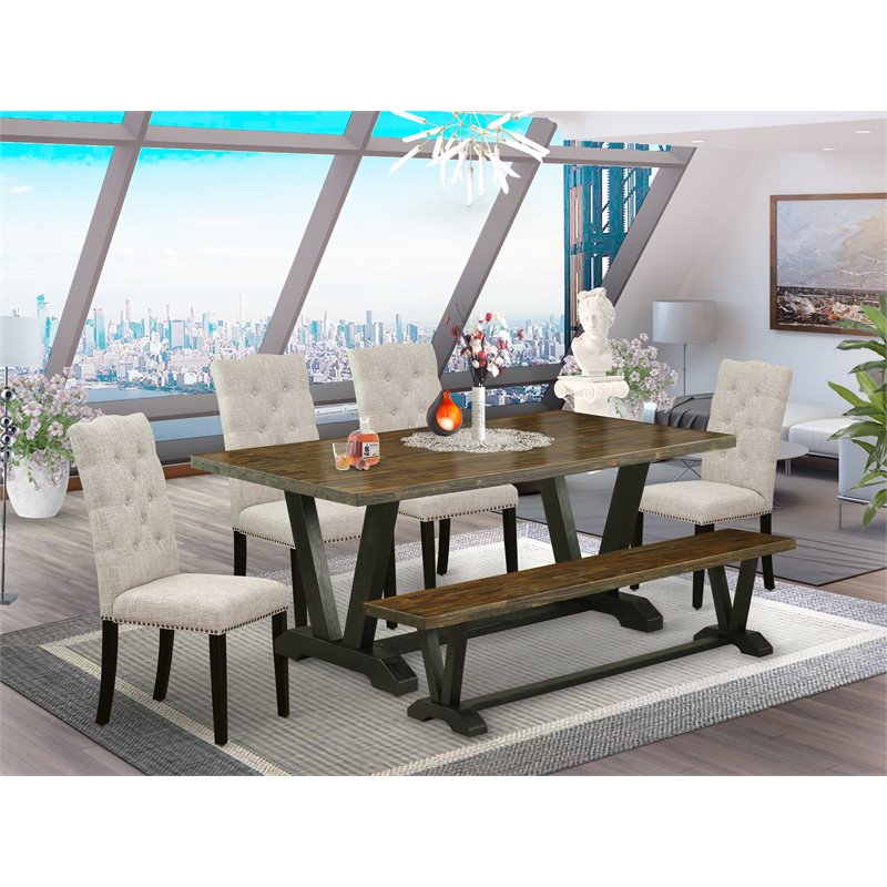 East West Furniture V-Style 6-piece Wood Dining Room Set in Jacobean/Black