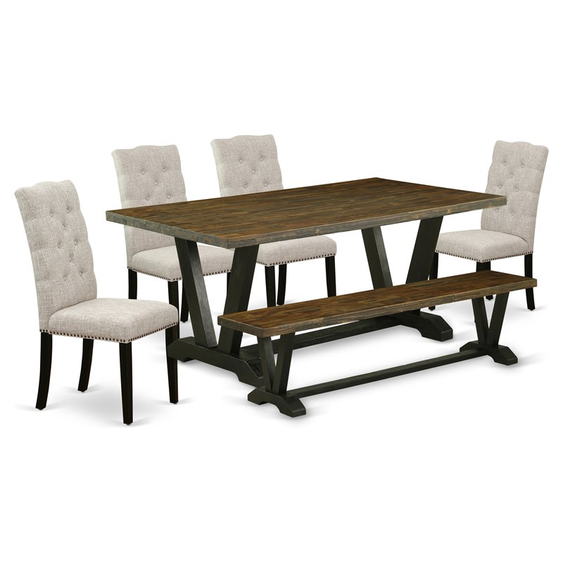 East West Furniture V-Style 6-piece Wood Dining Room Set in Jacobean/Black