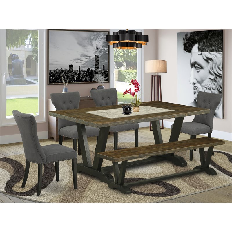 East West Furniture V-Style 6-piece Wood Dining Set in Jacobean/Black